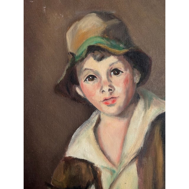 1960s Mid Century Modern Portrait of Boy With Cat, Signed & Dated 1966 For Sale - Image 5 of 5