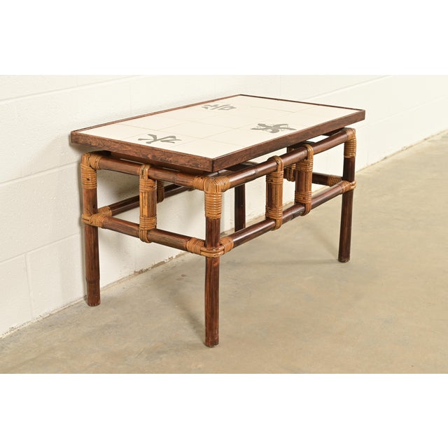 John Wisner for Ficks Reed Mid-Century Hollywood Regency Bamboo Rattan Tile Top Side Table, 1950s For Sale - Image 11 of 11