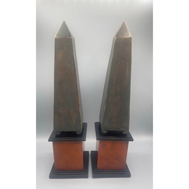 Late 20th Century Pair of Tall Decorative Obelisks With Antiqued Metal and Wood Bases For Sale - Image 4 of 5