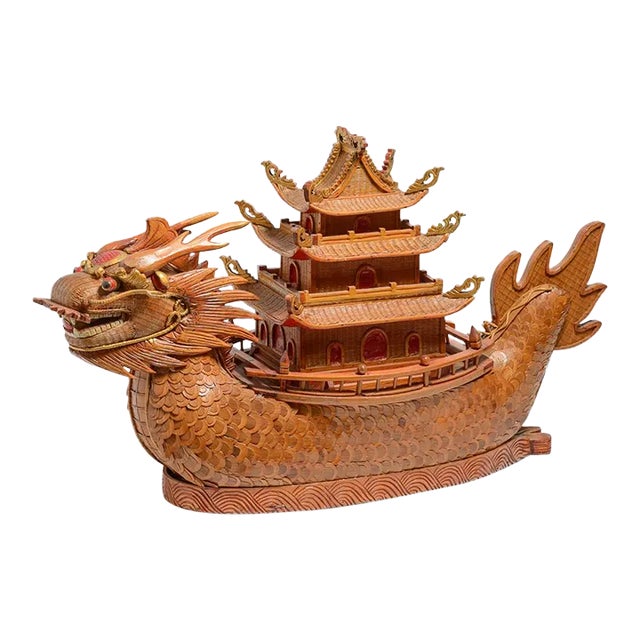Whimsical Woven Wicker Chinese Pagoda Dragon Boat Box For Sale