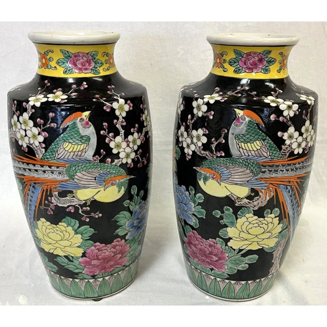Black Mid Century Chinoiserie Birds With Peonies Hand Painted Porcelain Vases- a Pair For Sale - Image 8 of 12