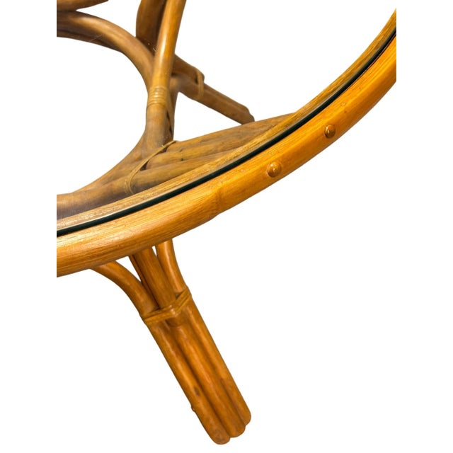 Tan 1950s Restored 3-Strand Rattan Round Dining Table With Glass Top For Sale - Image 8 of 10