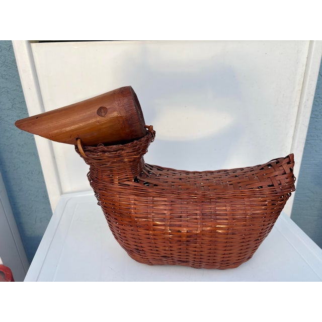Wood Vintage Wicker & Bamboo Wood Duck For Sale - Image 7 of 12