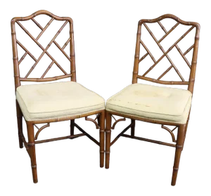 Hollywood Regency Style Faux Bamboo Carved Side Chairs - a Pair