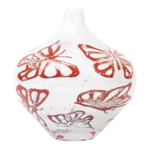 Vintage Signed Kosta Boda Red Butterflies White Cased Glass Vase, Vessel