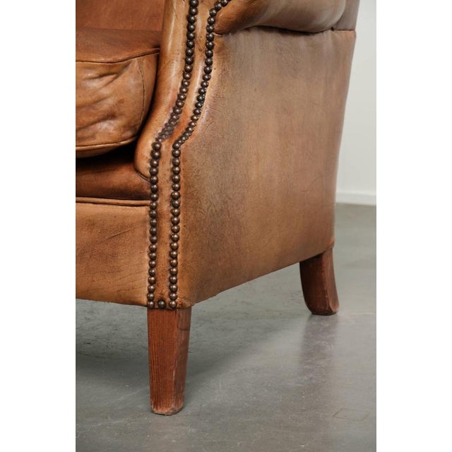 English Sheepskin Wing Armchair in Light Cognac Color For Sale - Image 11 of 13