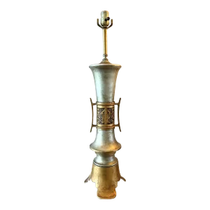 1960s Metal & Brass Chinoiserie Metallic Gold Silver Painted Asian Table Lamp
