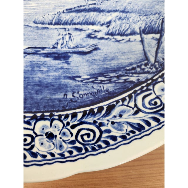 Delft Vintage 1960s Large Delfts Boch Belgium Blue Windmill Holland Charger Plate Royal Sphinx For Sale - Image 4 of 4