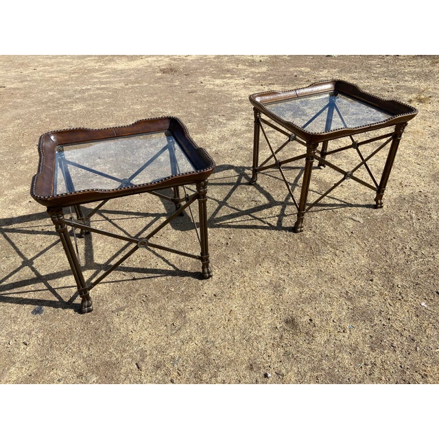 Vintage Attributed to Matiland Smith Nail Head Leather and Glass End Side Tables À Pair For Sale - Image 13 of 18