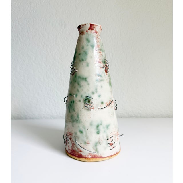 Folk Art Wire & Ceramic Vase, Signed For Sale - Image 9 of 10