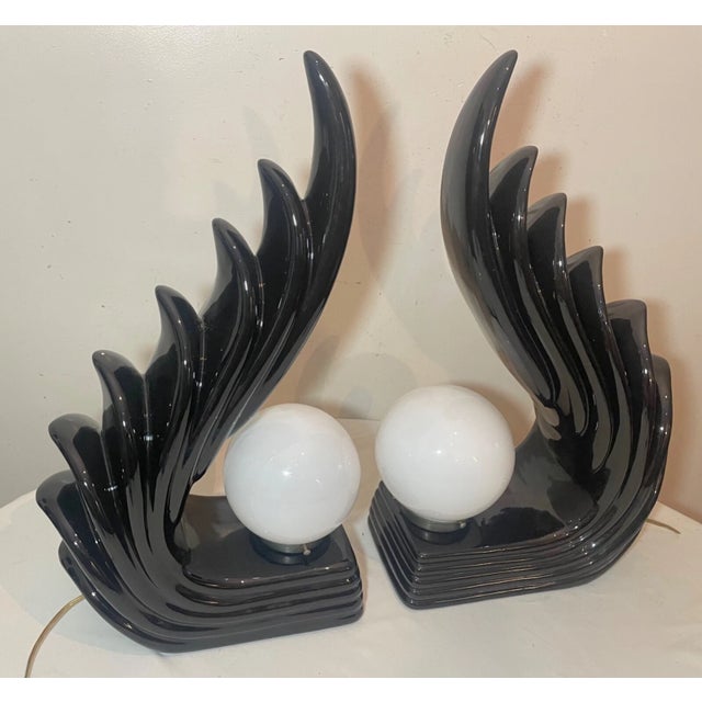 1960s Large Pair of Vintage Mid Century Modern Wave Flame Black Ceramic Table Lamps For Sale - Image 5 of 9