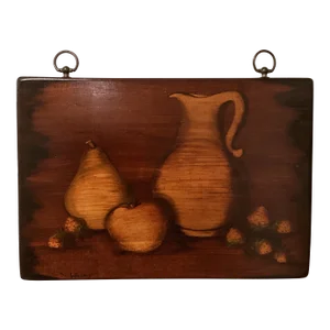 Vintage Primitive Wall Folk Art on Rustic Wood Artist Signed France