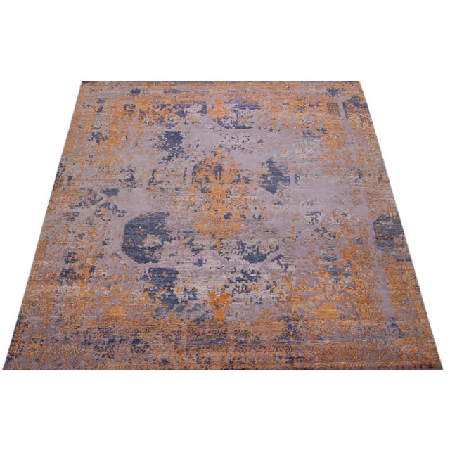 Indian 2010s Abstract Handmade Wool & Silk Rug in Blue and Orange For Sale - Image 3 of 7