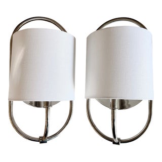 Pair of Urban Electric Large Nickel Bit Sconces With Linen Shades For Sale