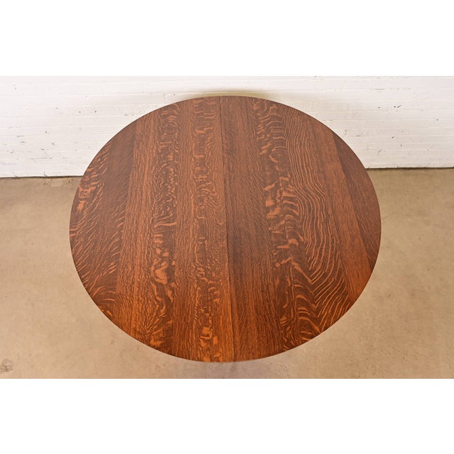 Early 20th Century Stickley Brothers Style Antique Mission Oak Arts & Crafts Pedestal Extension Dining Table, Newly Refinished For Sale - Image 5 of 13