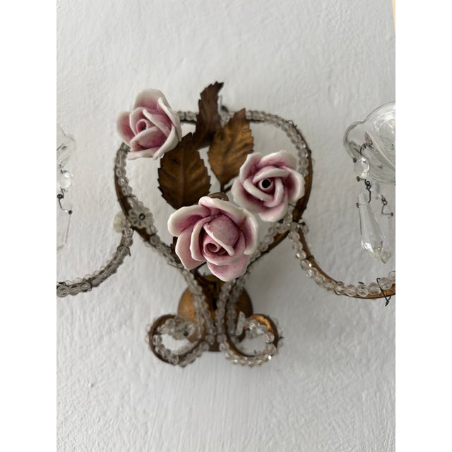 Ceramic French Beaded Old Vintage Pink Porcelain Roses Flowers Sconces Italian, C 1940 For Sale - Image 7 of 8