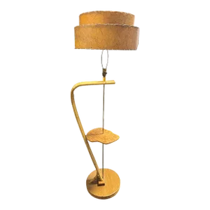1950s Restored Googie Asymmetric Pole Floor Lamp With Side Table & Fiberglass Shade