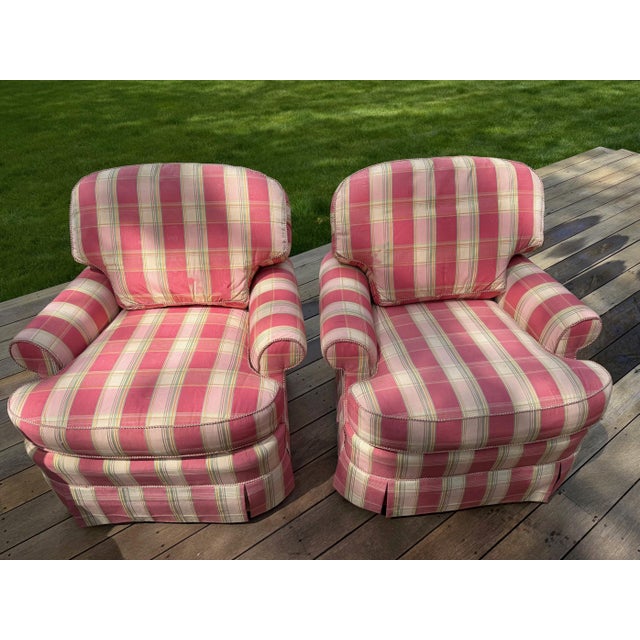 A Pair of Custom Pink Plaid Pleated Skirt Lounge Chairs With Rolled Arms For Sale - Image 9 of 18