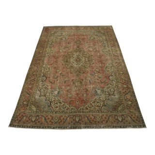 Tabriz Rug 9’5” X 12’6” Pink Wool Vintage Distressed Hand-Knotted Carpet For Sale