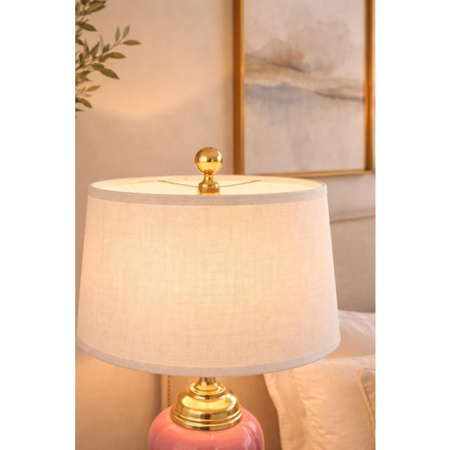 Ceramic Vintage Color Block Ceramic Table Lamps — Pink & Blue Near Pair — Brass Base, Linen Drum Shades For Sale - Image 7 of 8