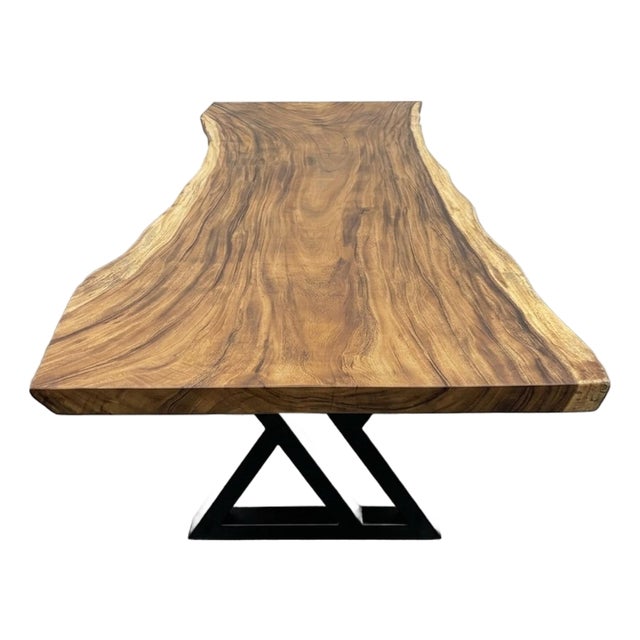 Live Edge Single-Slab Monkeypod Dining Table, 9 Ft, Hourglass Shape For Sale