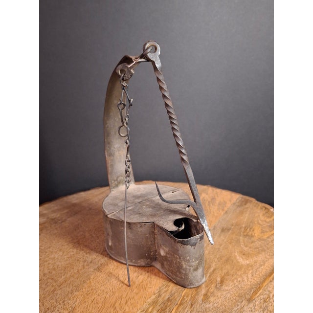 Early 19th Century Large Antique Colonial Tin Betty Lamp Wrought Iron Twist Hook Wick Pick C 1820 For Sale - Image 5 of 18