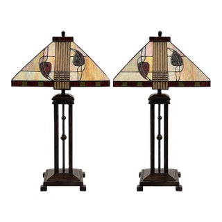 Pair Arts & Crafts Style Metal & Glass Table Lamps. u.s.a. Late 20th Century. For Sale