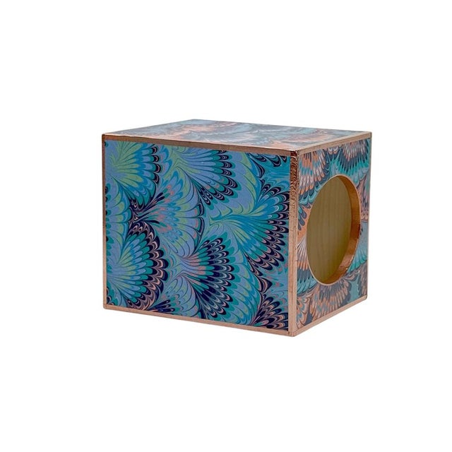 Marble paper, one of a kind, copper, wood and sealed, each box hand made to cover those not so pretty cardboard tissue...