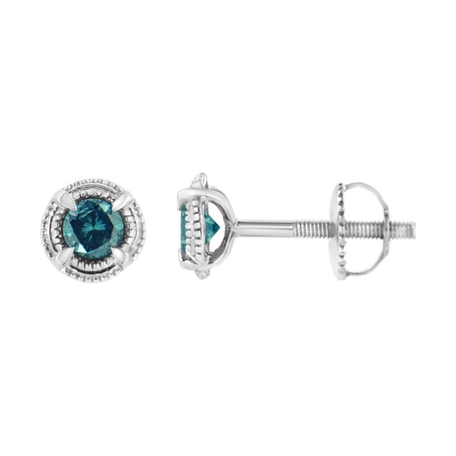 Contemporary .925 Sterling Silver 1 1/2 cttw Treated Blue Diamond Modern 4-Prong Solitaire Milgrain Stud Earrings, A Pair For Sale - Image 3 of 6