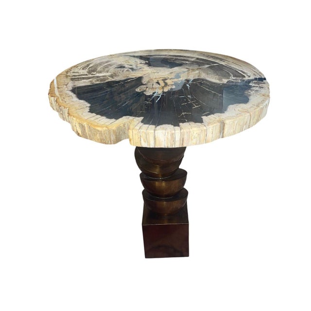 Modern Pair Modern Petrified Wood Side Tables W/ Sculptural Metal Bases. Late 20th C. For Sale - Image 3 of 12