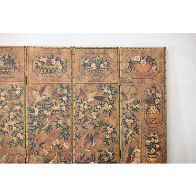 Six-Panel Leather Screen with Birds, Flowers, and Roosters - Vintage For Sale In New York - Image 6 of 12