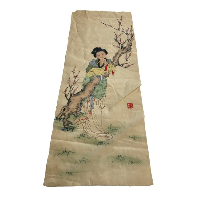 Vintage Japanese Painted Silk Panel For Sale
