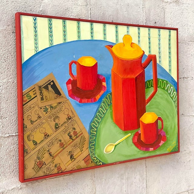 Boho Chic Vintage Boho Mixed Media Coffee Service Still Life on Canvas Painting For Sale - Image 3 of 5