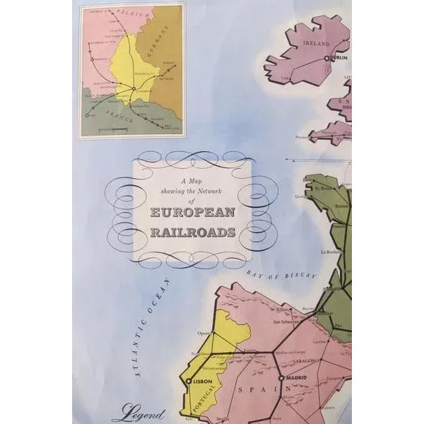 1949 Original Vintage French Travel Poster, European Railroad Map (Linen Backed) For Sale - Image 4 of 8