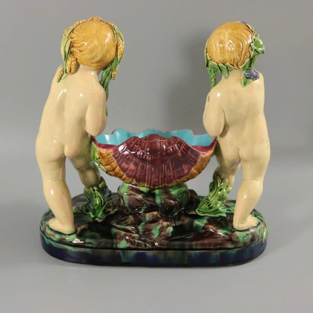 Mid 19th Century Antique Minton Majolica Putti Shell Carriers For Sale - Image 5 of 13