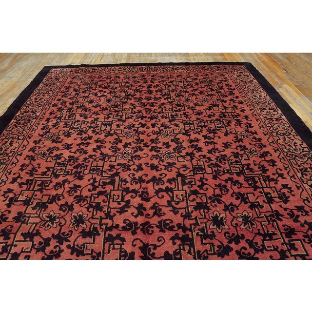 Art Deco Beautiful Coral Red Background and Black Border Color With Chinoiserie Pattern Antique Chinese Art Deco Rug For Sale - Image 3 of 5