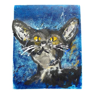 Martha Holden "Blue Kitty" Monotype and Pastel on Paper For Sale