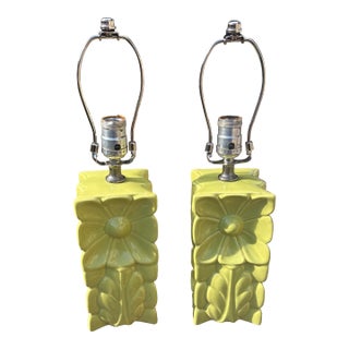 1960s California Pottery Chartreuse Floral Lamps-a Pair For Sale