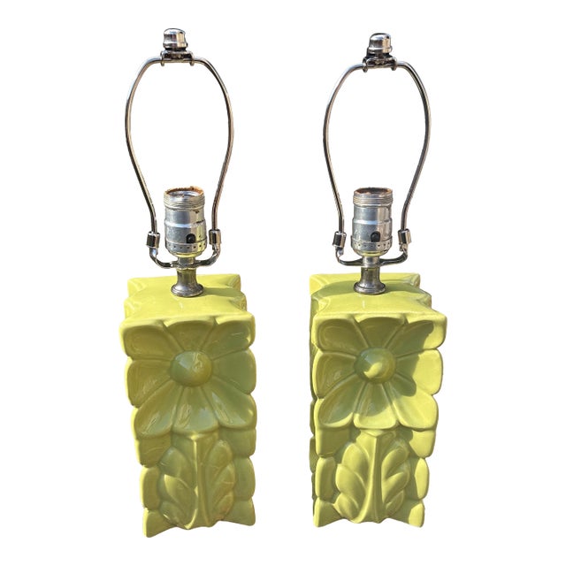 1960s California Pottery Chartreuse Floral Lamps-a Pair For Sale