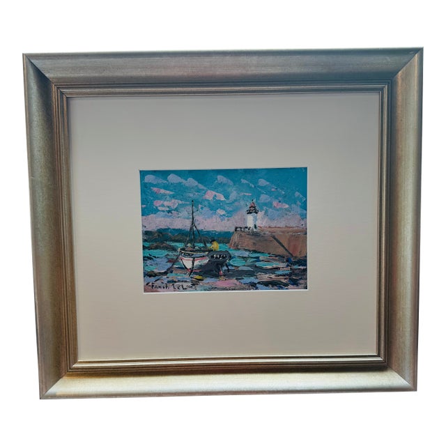 Vintage Fanch Lel Sail Boat on the French Coast Original Oil and Gouache Painting, Framed For Sale