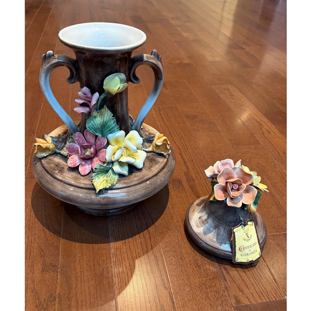 A beautiful, authentic vintage Italian Capodimonte porcelain double-handled urn vase complete with its matching removable...