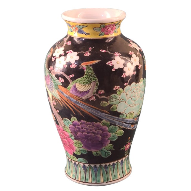 Vintage Asian Hand Painted Colorful Pottery Vase Mystical Good Luck Phoenix Birds Floral. For Sale - Image 11 of 11