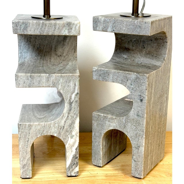 1980s Italian Sculptural Gray Marble Architectural Table Lamps - a Pair For Sale In West Palm - Image 6 of 16