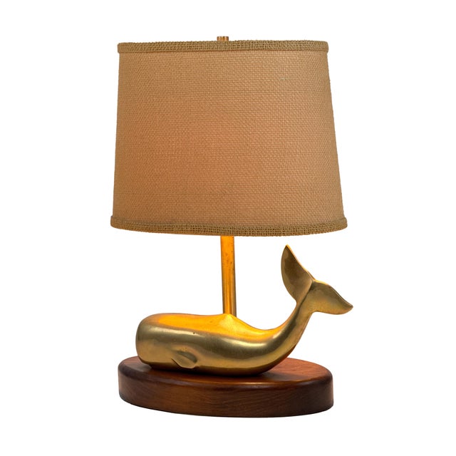 1970s Vintage 1970s Brass Whale Table Lamp W/ Walnut Wood Base & Grasscloth Shade For Sale - Image 5 of 18