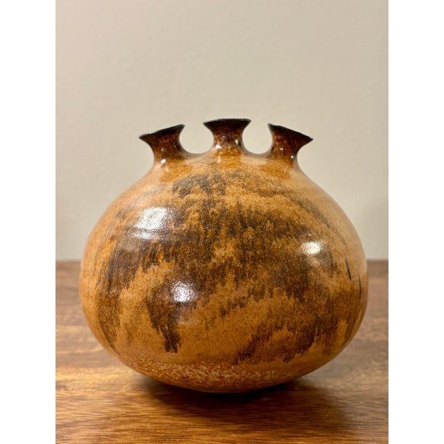 Mid-Century Modern Vintage Mid-Century American Studio Pottery Triple Bud Weed Pot Vase For Sale - Image 3 of 7