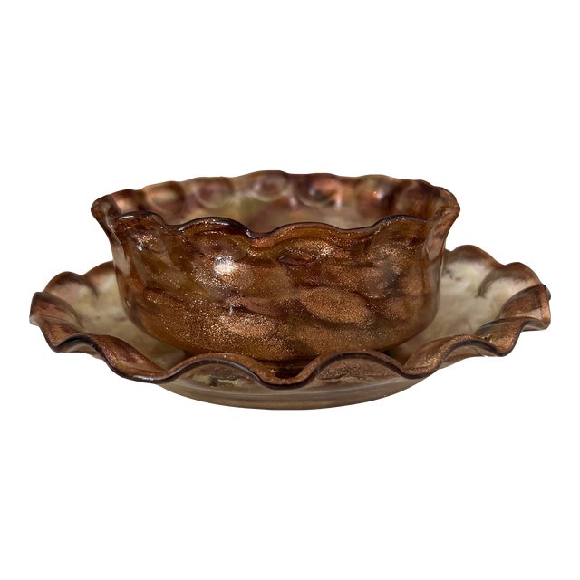 Hand Blown Fluted Murano Glass Finger Bowl and Plate For Sale