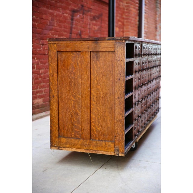 Antique Oak Store Counter Apothecary Card Catalog Kitchen Island (30 Drawers) For Sale - Image 11 of 15