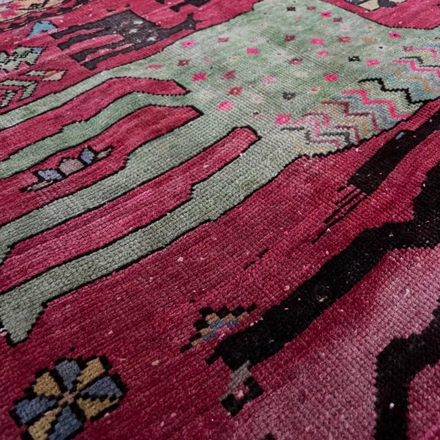 Ruby Red Antique Early 1900s Karabagh Rug, Handwoven Caucasian Wool Rug With Vibrant Deer & Floral Motifs, 4x9 Vintage Runner For Sale - Image 8 of 10