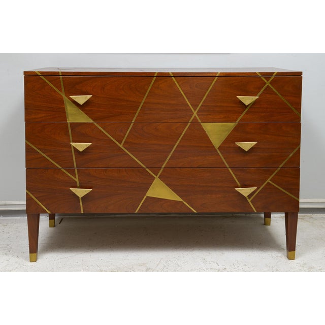 Unusual Brass- inlaid Mahogany Cabinet with Geometric Pattern and Bronze Pulls