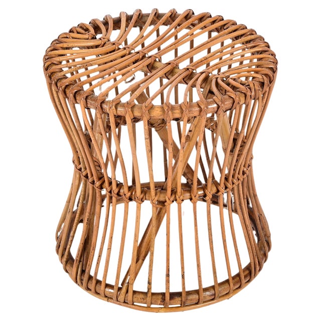 Mid-Century French Riviera Stool in Rattan and Woven Wicker, 1960s For Sale